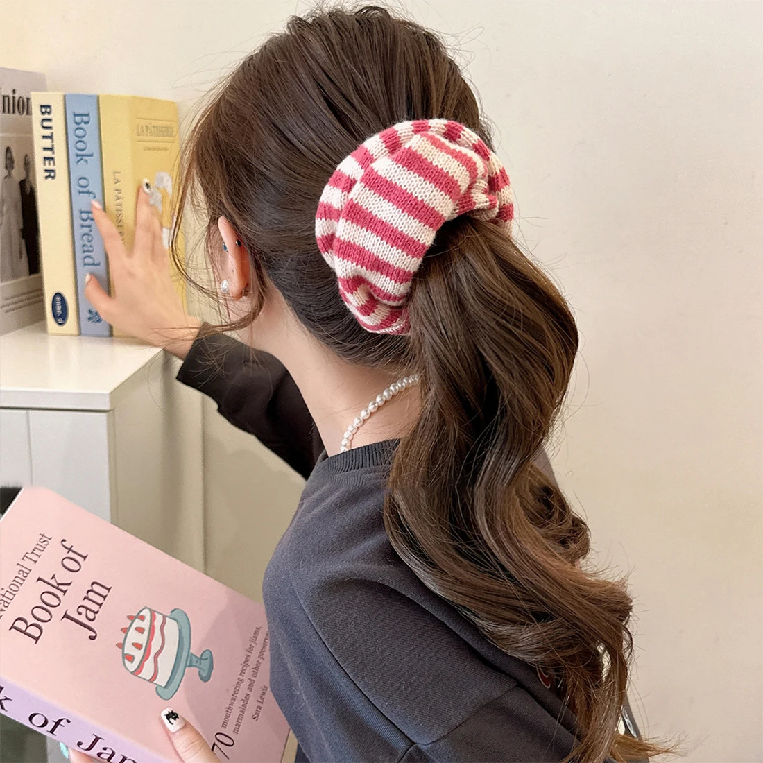 Stripes Knitted Wool Fabric Large Scrunchies Elastic Hair Bands Women Girls Ponytail Hair Ties Headbands Winter Hair Accessories