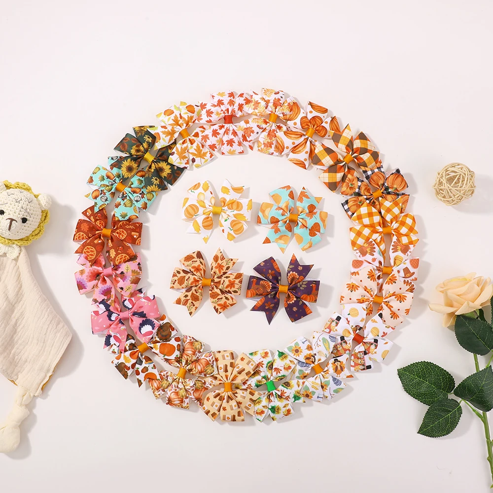 12/24Pcs Thanksgiving Day Bow Hair Clip Set For Kids Girls Autumn Printed Ribbon Maple Leaves Pumkin Hairpins Hair Accessories