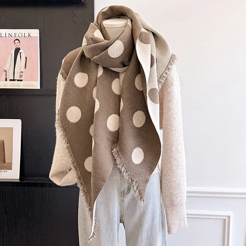 2025 Luxury Brand Women's Cashmere Scarf - Winter Warm Tasseled Striped & Polka Dot Printed Pashmina Shawl, Foulard & Poncho