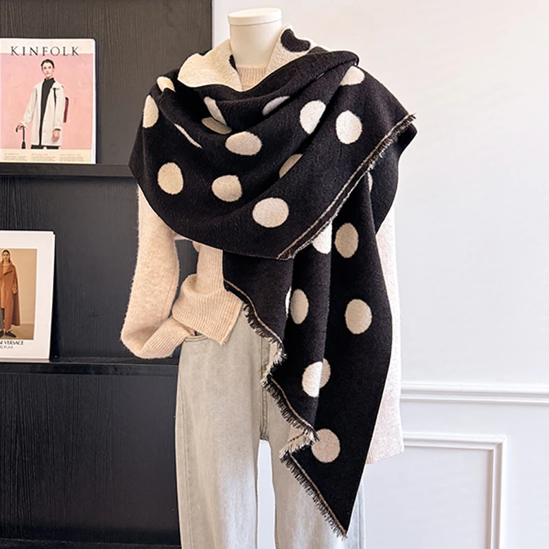2025 Luxury Brand Women's Cashmere Scarf - Winter Warm Tasseled Striped & Polka Dot Printed Pashmina Shawl, Foulard & Poncho