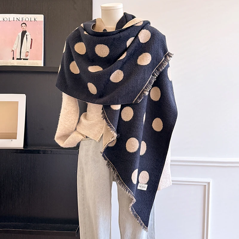 2025 Luxury Brand Women's Cashmere Scarf - Winter Warm Tasseled Striped & Polka Dot Printed Pashmina Shawl, Foulard & Poncho