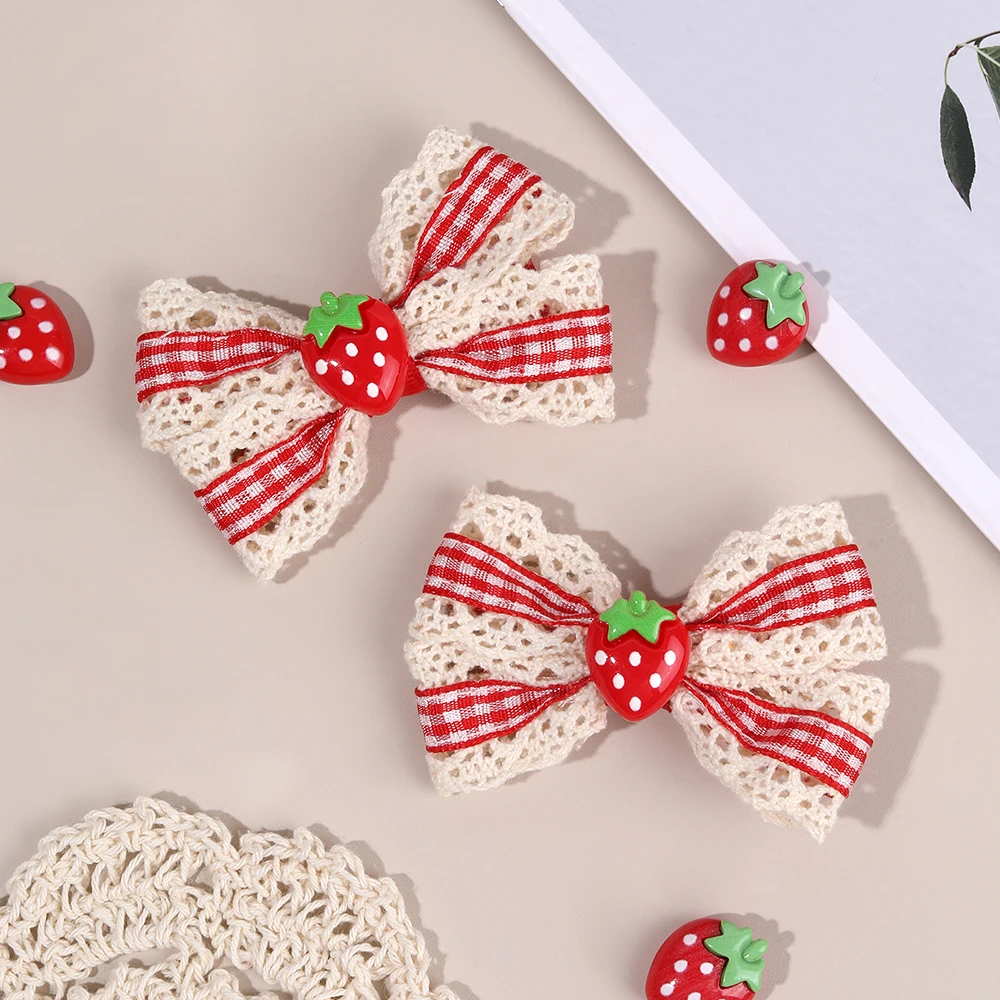 2Pcs Retro Strawberry Bow Hair Clips For Girls Sweet Lace-trim Plaid Hairpins Children Daily Korean Headwear Hair Accessories