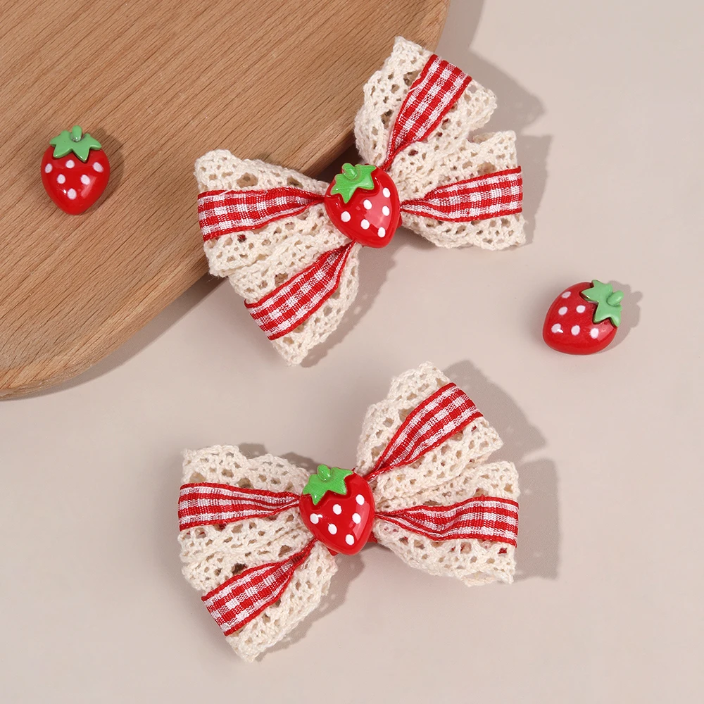 2Pcs Retro Strawberry Bow Hair Clips For Girls Sweet Lace-trim Plaid Hairpins Children Daily Korean Headwear Hair Accessories