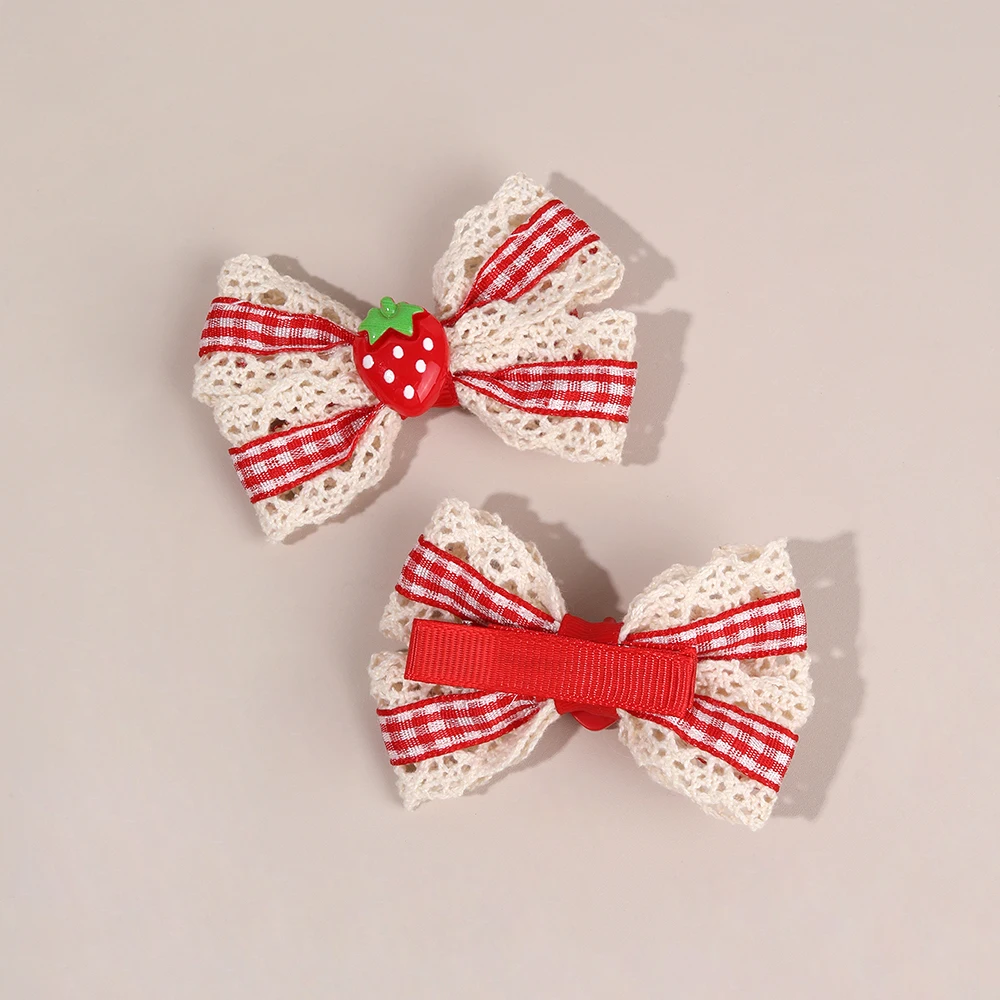 2Pcs Retro Strawberry Bow Hair Clips For Girls Sweet Lace-trim Plaid Hairpins Children Daily Korean Headwear Hair Accessories