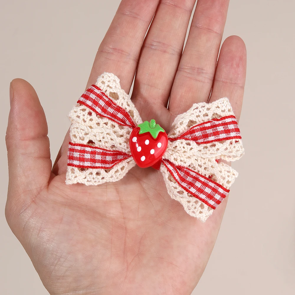2Pcs Retro Strawberry Bow Hair Clips For Girls Sweet Lace-trim Plaid Hairpins Children Daily Korean Headwear Hair Accessories