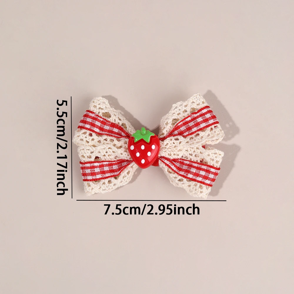 2Pcs Retro Strawberry Bow Hair Clips For Girls Sweet Lace-trim Plaid Hairpins Children Daily Korean Headwear Hair Accessories