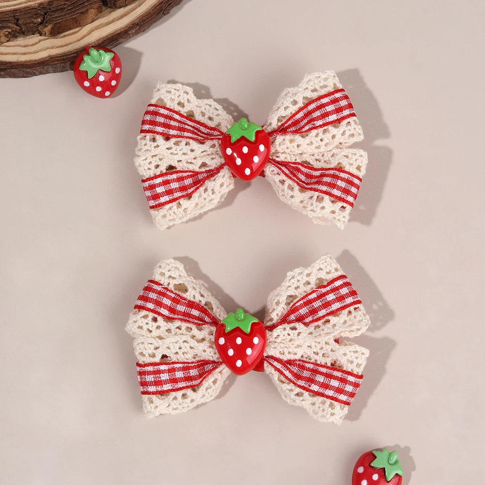 2Pcs Retro Strawberry Bow Hair Clips For Girls Sweet Lace-trim Plaid Hairpins Children Daily Korean Headwear Hair Accessories