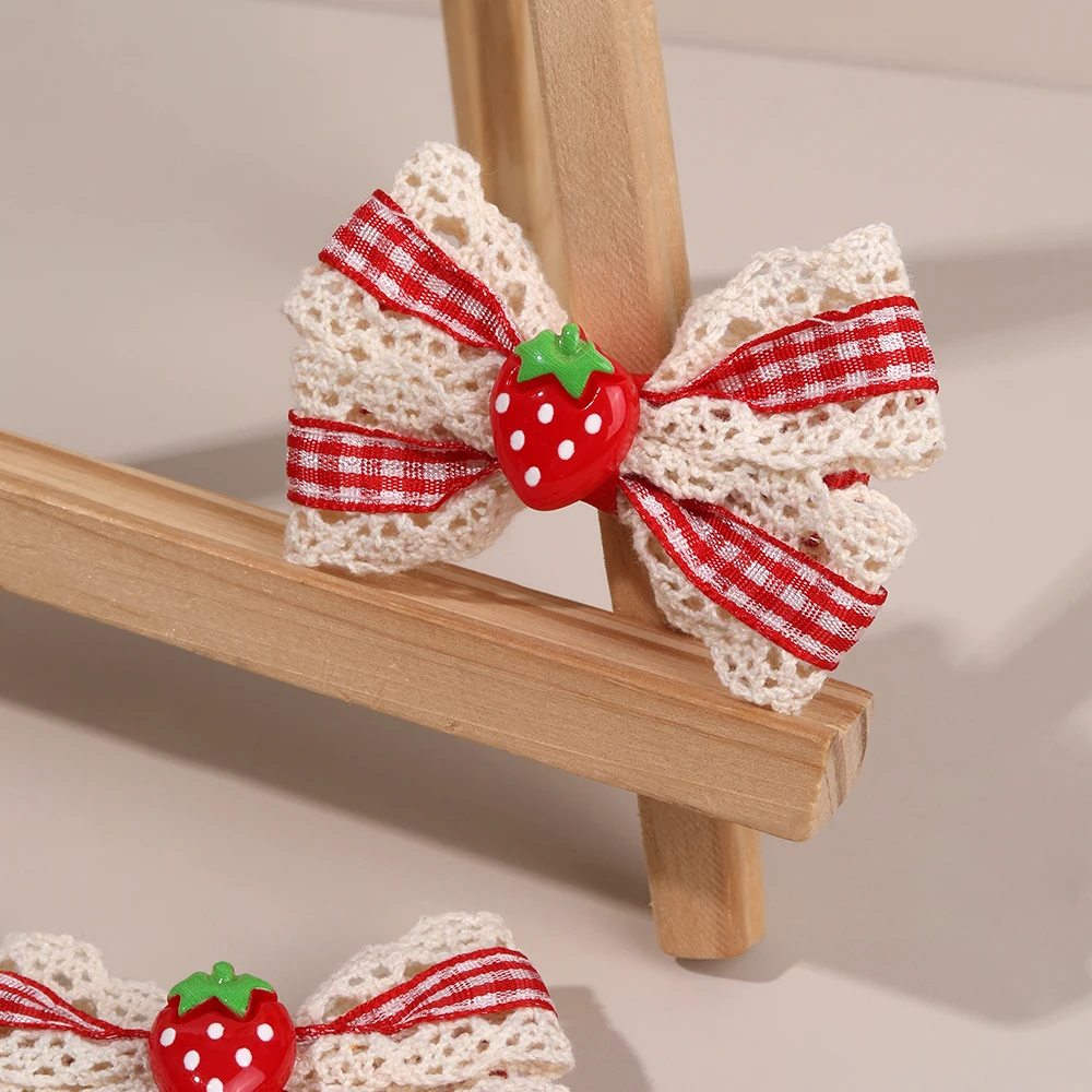 2Pcs Retro Strawberry Bow Hair Clips For Girls Sweet Lace-trim Plaid Hairpins Children Daily Korean Headwear Hair Accessories