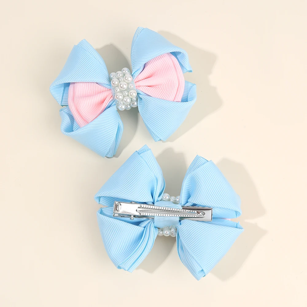 2Pcs Trendy Flower Bud Bow Hair Clips For Girls Sweet Rhinestone Pink Bownot Hairpins Kids Daily New Headwear Hair Accessories