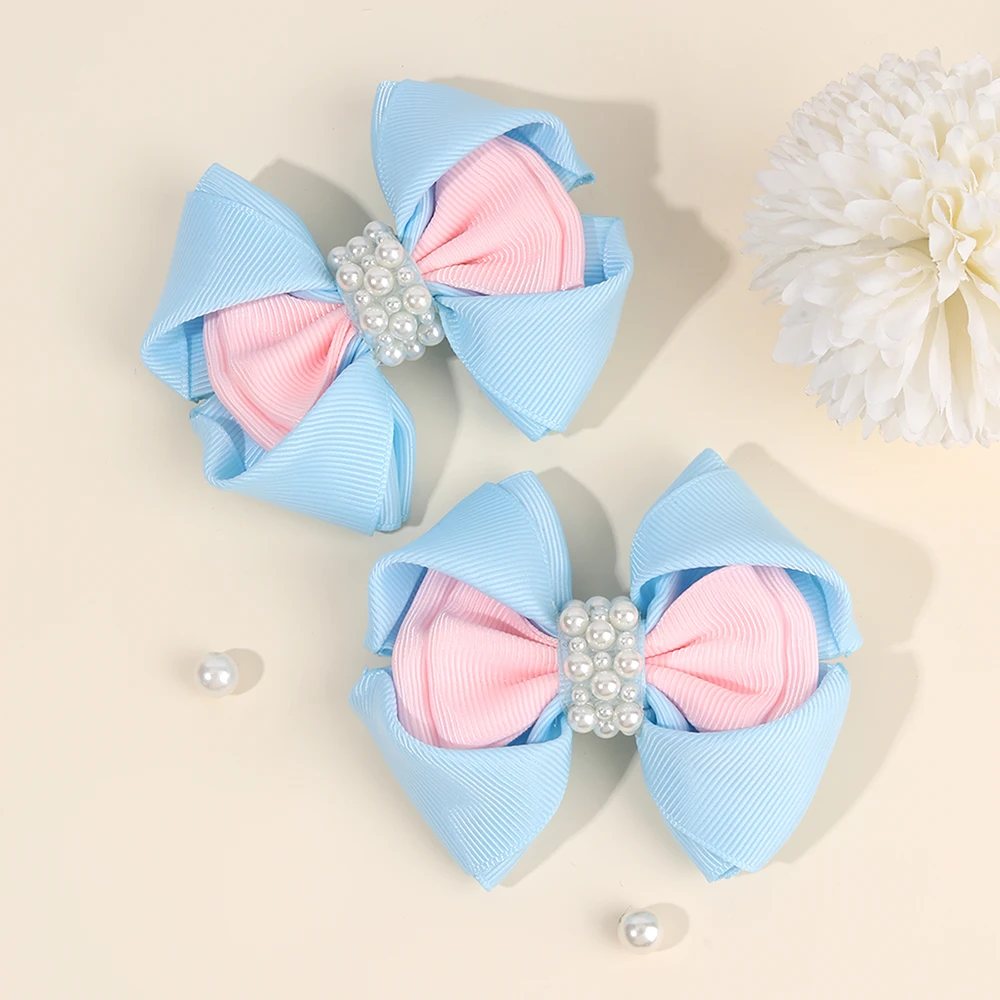 2Pcs Trendy Flower Bud Bow Hair Clips For Girls Sweet Rhinestone Pink Bownot Hairpins Kids Daily New Headwear Hair Accessories