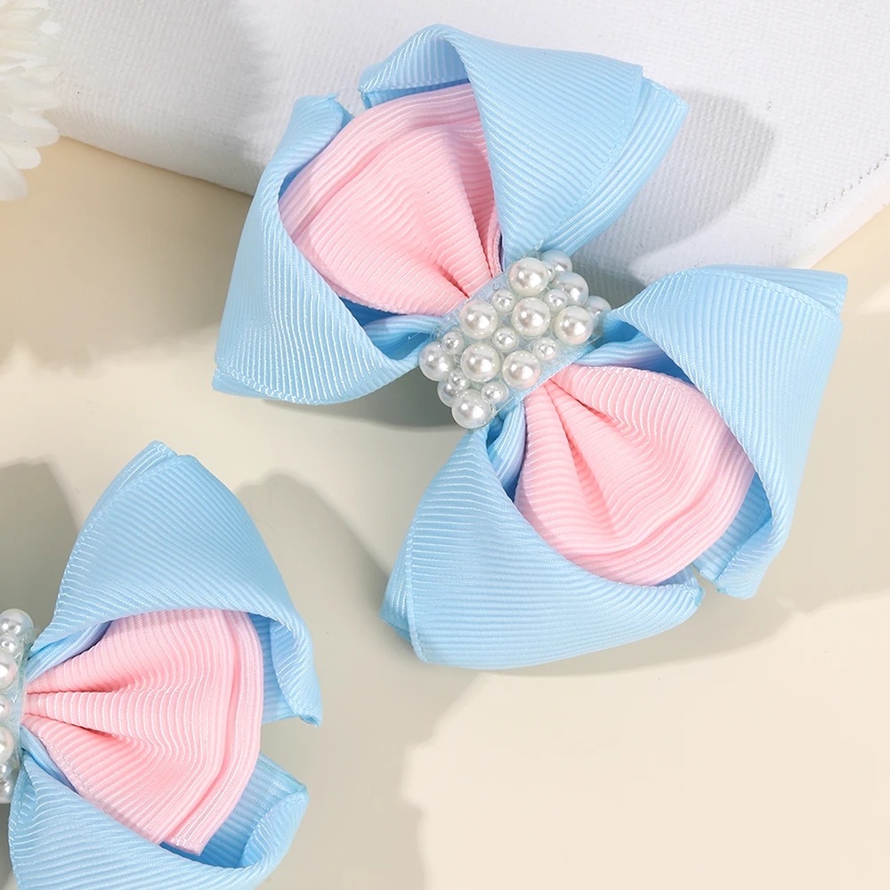 2Pcs Trendy Flower Bud Bow Hair Clips For Girls Sweet Rhinestone Pink Bownot Hairpins Kids Daily New Headwear Hair Accessories