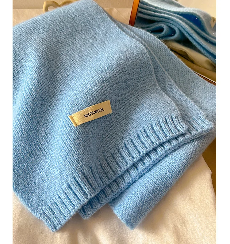 Knitted Scarf Women 100% Wool Winter Warm Scarves Bright Solid Color Design Thickened Shawl Soft Cashmere Pashmina Neck 2025 NEW