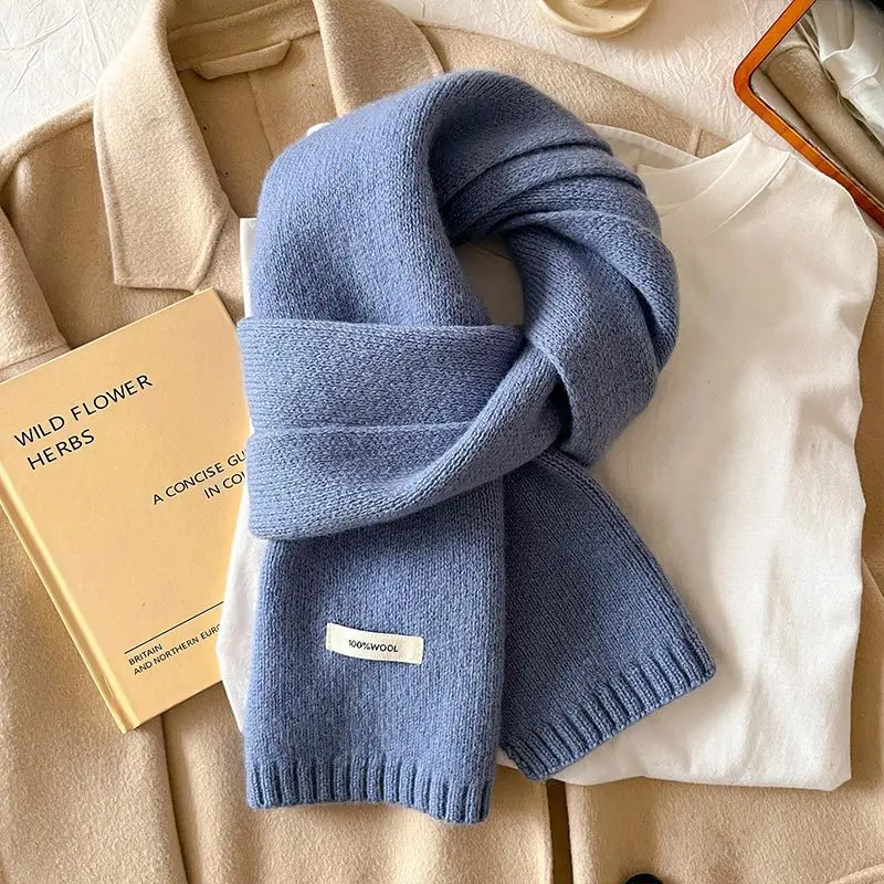 Knitted Scarf Women 100% Wool Winter Warm Scarves Bright Solid Color Design Thickened Shawl Soft Cashmere Pashmina Neck 2025 NEW