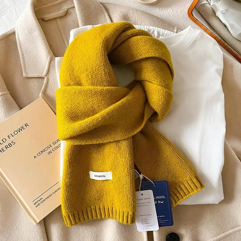 Knitted Scarf Women 100% Wool Winter Warm Scarves Bright Solid Color Design Thickened Shawl Soft Cashmere Pashmina Neck 2025 NEW