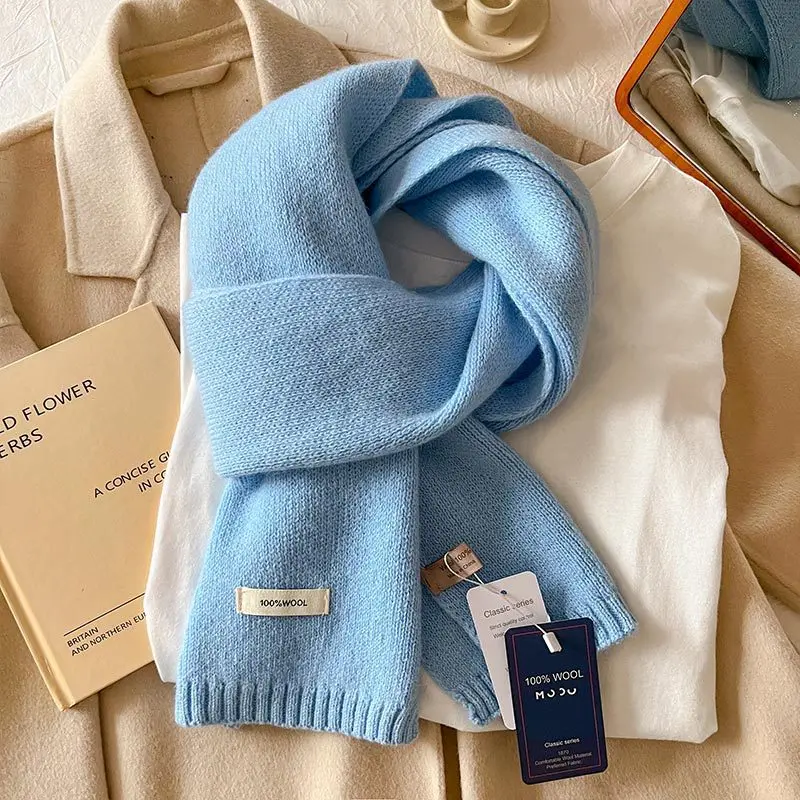 Knitted Scarf Women 100% Wool Winter Warm Scarves Bright Solid Color Design Thickened Shawl Soft Cashmere Pashmina Neck 2025 NEW