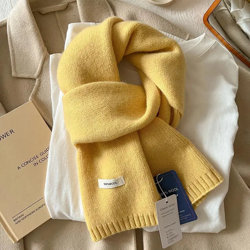 Knitted Scarf Women 100% Wool Winter Warm Scarves Bright Solid Color Design Thickened Shawl Soft Cashmere Pashmina Neck 2025 NEW