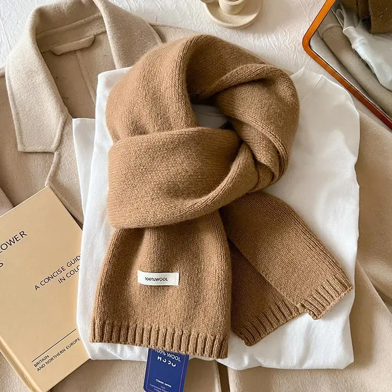 Knitted Scarf Women 100% Wool Winter Warm Scarves Bright Solid Color Design Thickened Shawl Soft Cashmere Pashmina Neck 2025 NEW