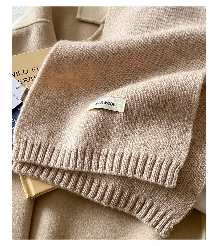 Knitted Scarf Women 100% Wool Winter Warm Scarves Bright Solid Color Design Thickened Shawl Soft Cashmere Pashmina Neck 2025 NEW