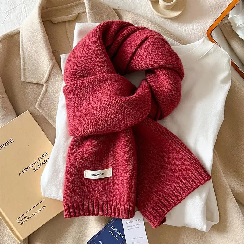 Knitted Scarf Women 100% Wool Winter Warm Scarves Bright Solid Color Design Thickened Shawl Soft Cashmere Pashmina Neck 2025 NEW