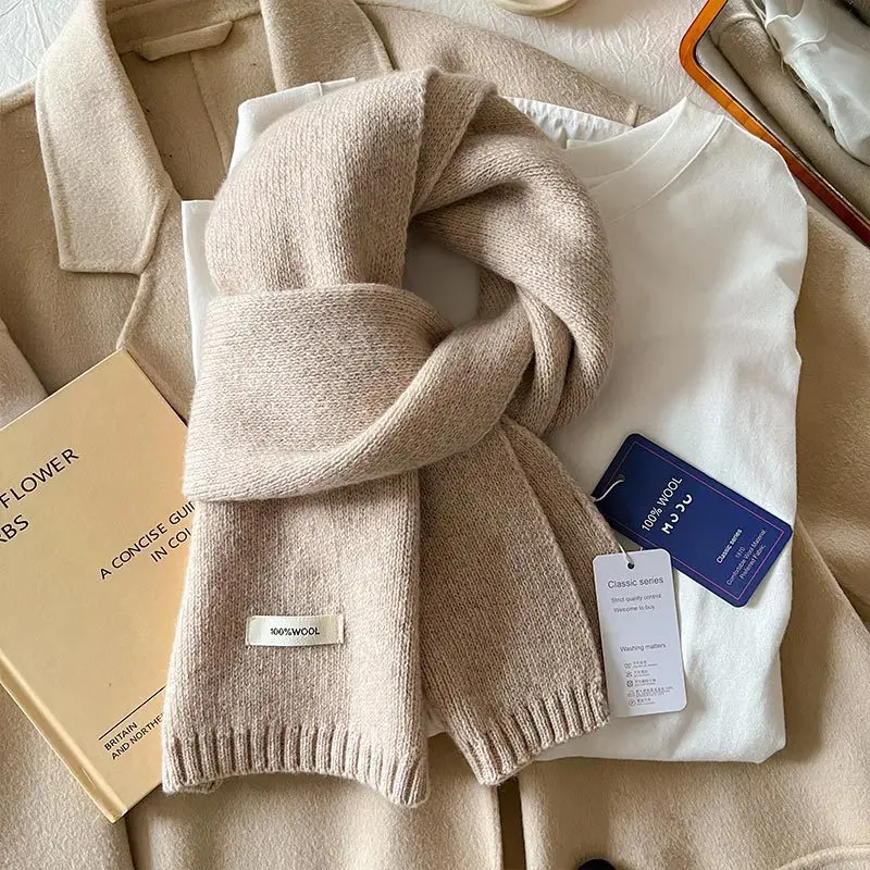 Knitted Scarf Women 100% Wool Winter Warm Scarves Bright Solid Color Design Thickened Shawl Soft Cashmere Pashmina Neck 2025 NEW