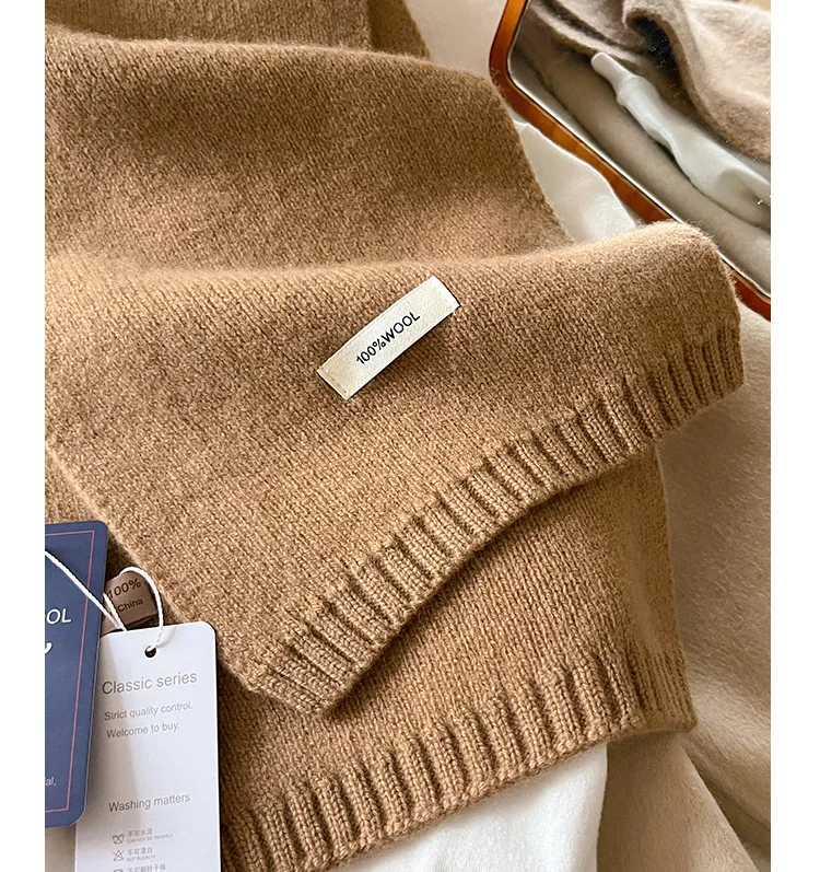 Knitted Scarf Women 100% Wool Winter Warm Scarves Bright Solid Color Design Thickened Shawl Soft Cashmere Pashmina Neck 2025 NEW
