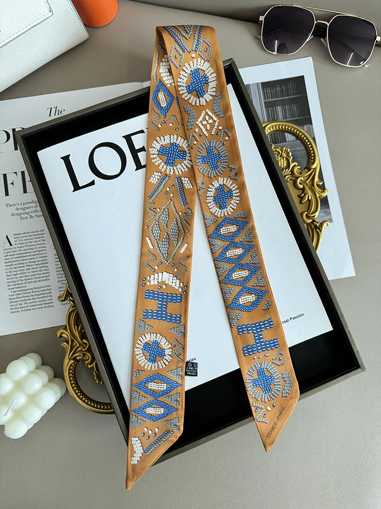 2025 New Pearl Puzzle Women's Twill Decorative Small Silk Scarf Wrapping Bag Handle Ribbon Headband Small Scarf Wholesale Gift