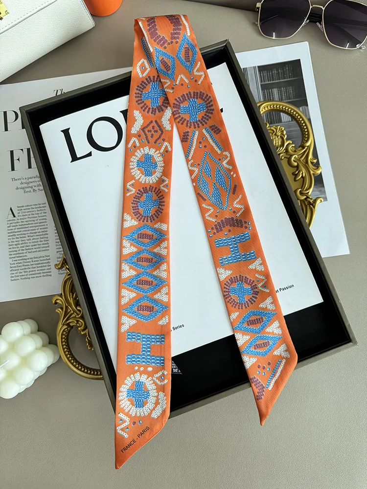 2025 New Pearl Puzzle Women's Twill Decorative Small Silk Scarf Wrapping Bag Handle Ribbon Headband Small Scarf Wholesale Gift