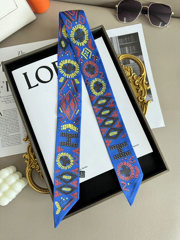 2025 New Pearl Puzzle Women's Twill Decorative Small Silk Scarf Wrapping Bag Handle Ribbon Headband Small Scarf Wholesale Gift