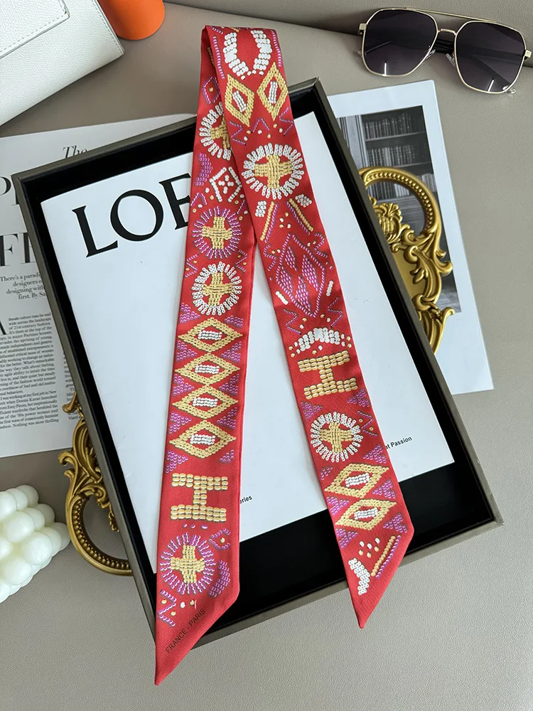 2025 New Pearl Puzzle Women's Twill Decorative Small Silk Scarf Wrapping Bag Handle Ribbon Headband Small Scarf Wholesale Gift