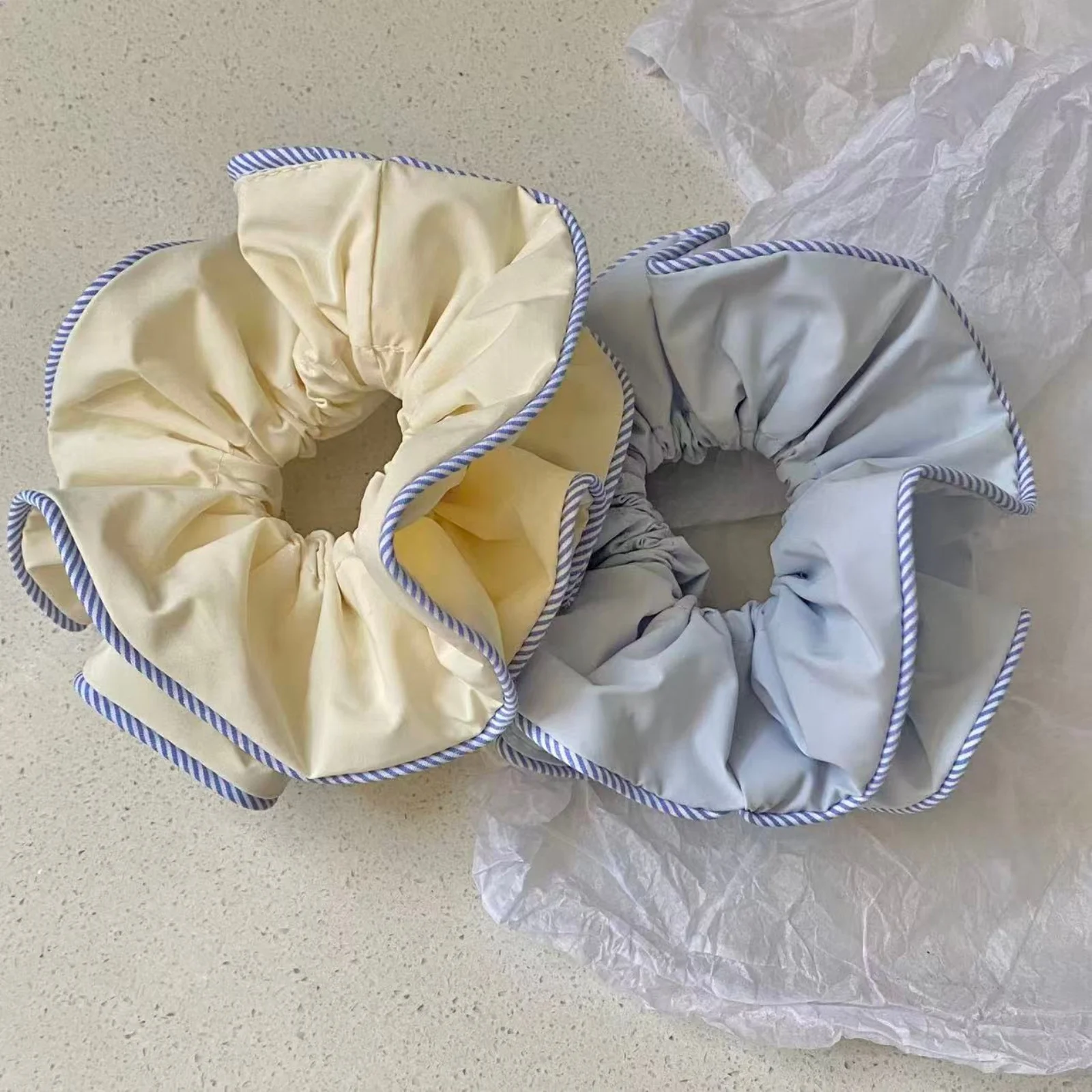 1PC Scrunchies Light Blue & Yellow With Blue Striped Edge, Cute Vintage Hair Accessories For Women Girls, Daily Styling & Gifts