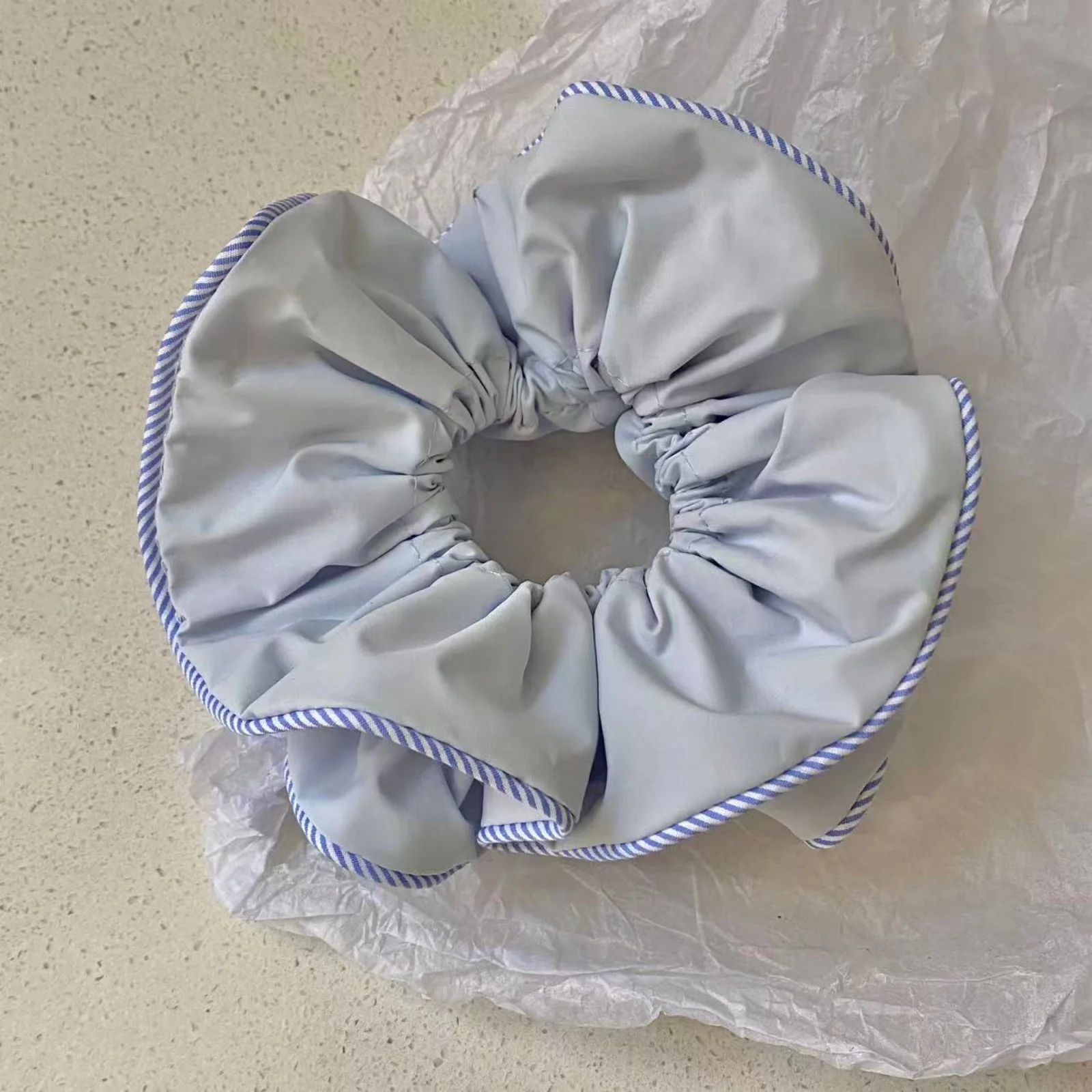 1PC Scrunchies Light Blue & Yellow With Blue Striped Edge, Cute Vintage Hair Accessories For Women Girls, Daily Styling & Gifts