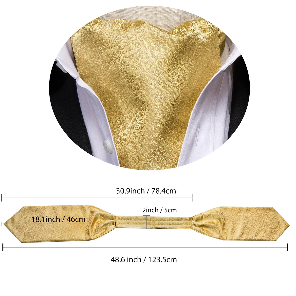 3pcs Mens Yellow Gold Floral Stripes Cravat Ascot Pocket Square Cufflinks Set Wedding Formal Casual Office
