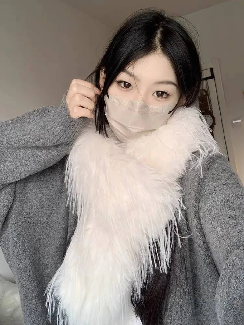 Korean Designer Runway Style Thick Scarf Fashionable Plush Long Strip Scarf Women's Imitation Mink Fur Y2K Girl Scarf for Warm