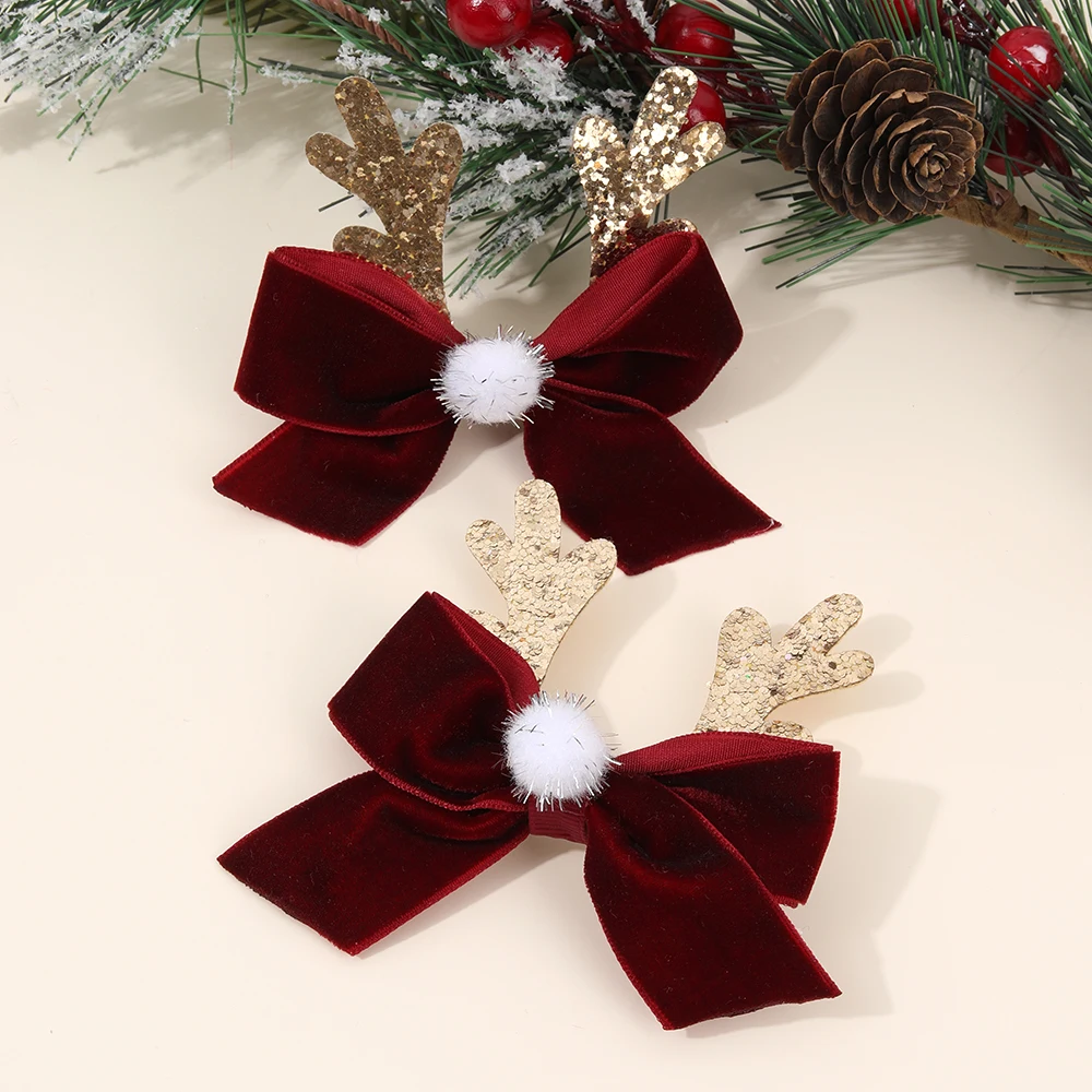 2Pcs Christmas Vintage Burgundy Bow Hair Clips Cute Sparkling Antler Hairpins For Girls New Year Xmas Headdress Hair Accessories