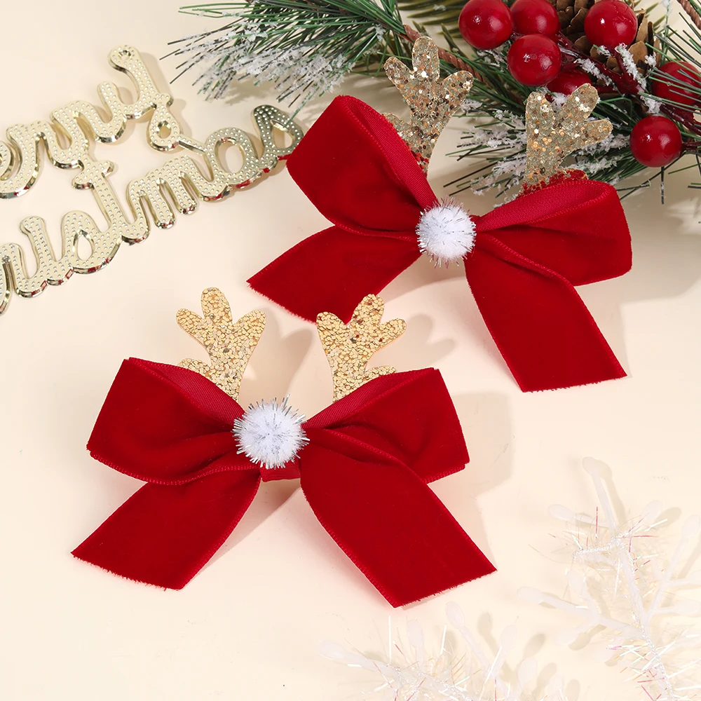 2Pcs Christmas Vintage Burgundy Bow Hair Clips Cute Sparkling Antler Hairpins For Girls New Year Xmas Headdress Hair Accessories