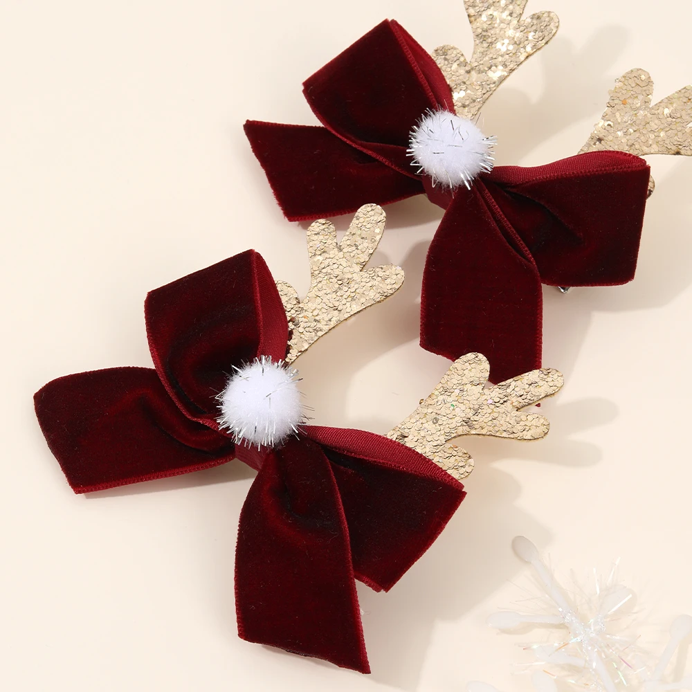 2Pcs Christmas Vintage Burgundy Bow Hair Clips Cute Sparkling Antler Hairpins For Girls New Year Xmas Headdress Hair Accessories