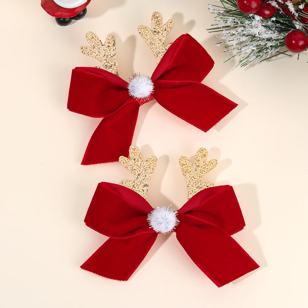 2Pcs Christmas Vintage Burgundy Bow Hair Clips Cute Sparkling Antler Hairpins For Girls New Year Xmas Headdress Hair Accessories