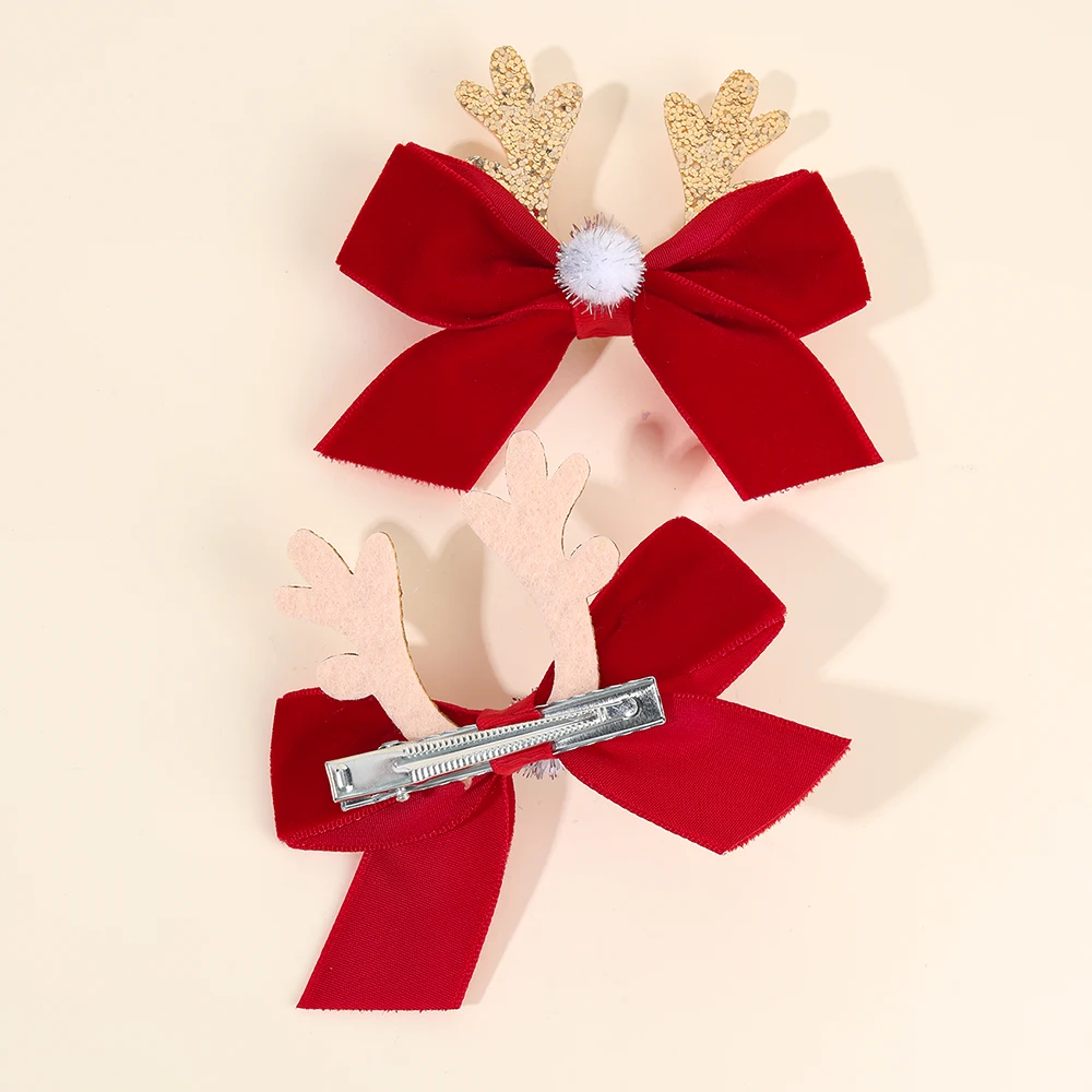 2Pcs Christmas Vintage Burgundy Bow Hair Clips Cute Sparkling Antler Hairpins For Girls New Year Xmas Headdress Hair Accessories