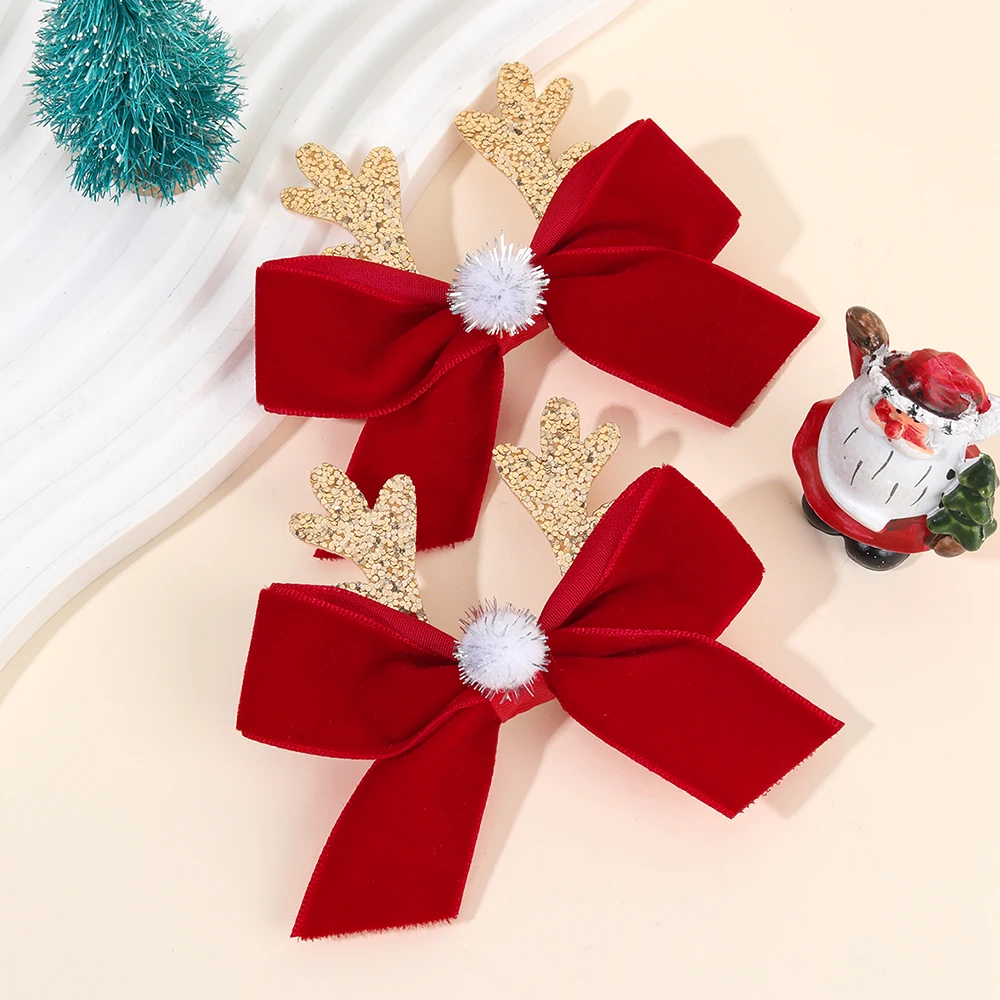 2Pcs Christmas Vintage Burgundy Bow Hair Clips Cute Sparkling Antler Hairpins For Girls New Year Xmas Headdress Hair Accessories
