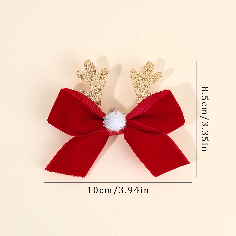 2Pcs Christmas Vintage Burgundy Bow Hair Clips Cute Sparkling Antler Hairpins For Girls New Year Xmas Headdress Hair Accessories