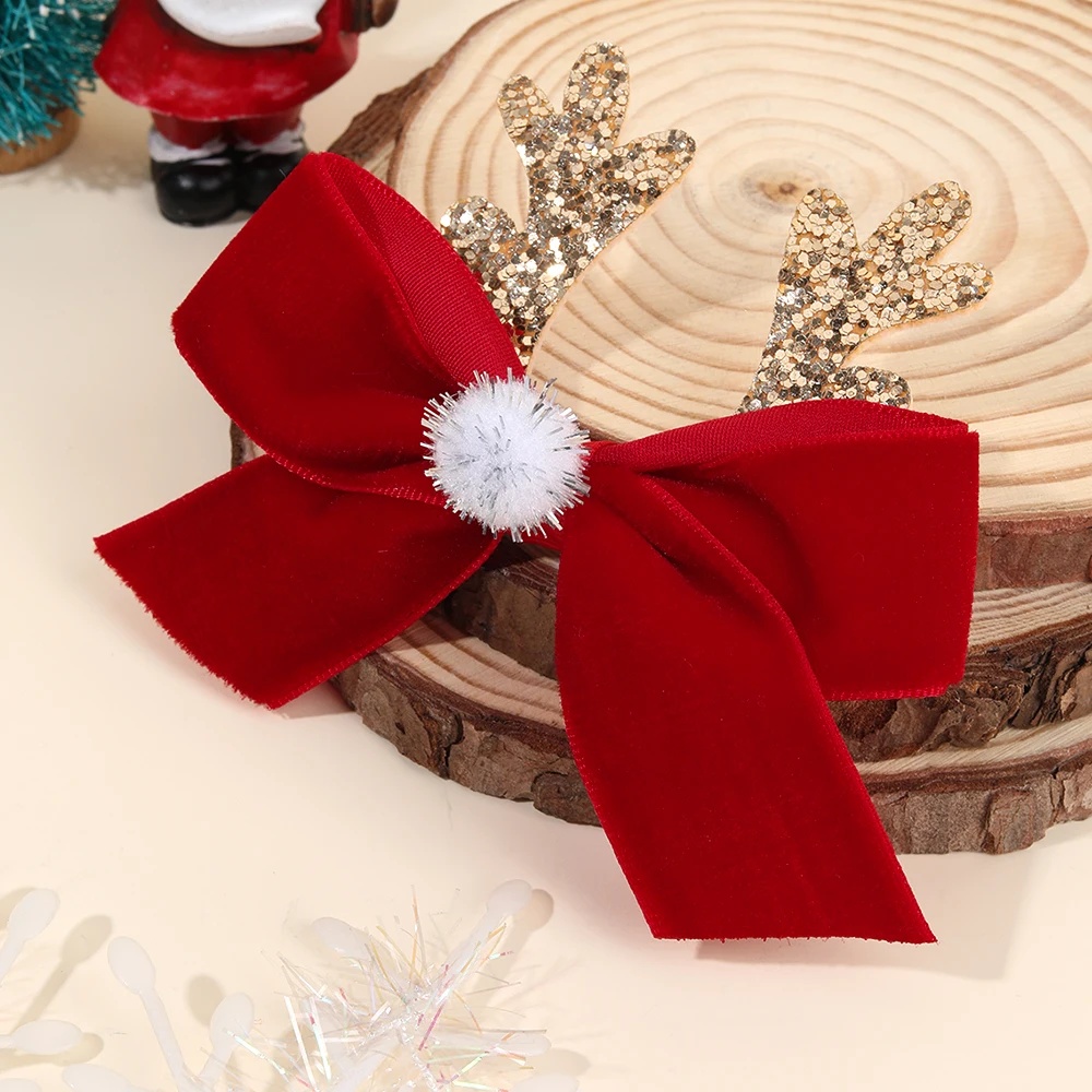 2Pcs Christmas Vintage Burgundy Bow Hair Clips Cute Sparkling Antler Hairpins For Girls New Year Xmas Headdress Hair Accessories