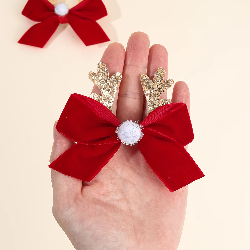 2Pcs Christmas Vintage Burgundy Bow Hair Clips Cute Sparkling Antler Hairpins For Girls New Year Xmas Headdress Hair Accessories