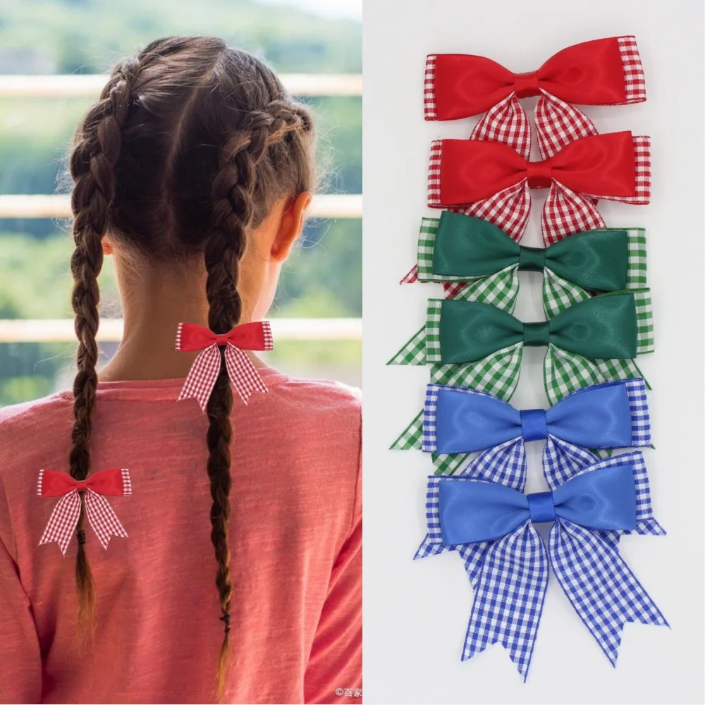 Cute British Style Plaid Bow Hairpins Children Girls Kids Hair Clips Barrettes Accessories Hairclip Headwear Headdress Ornament