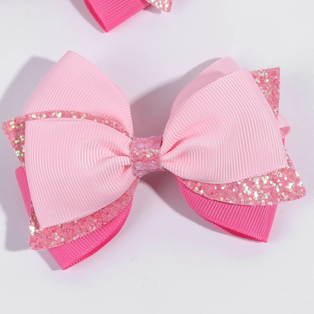 2pcs Sparkling Pink Glitter Bow Hair Clips For Girls Cute Ribbon Bow Hairpins Ideal For Gifts & Casual Attire Hair Accessories