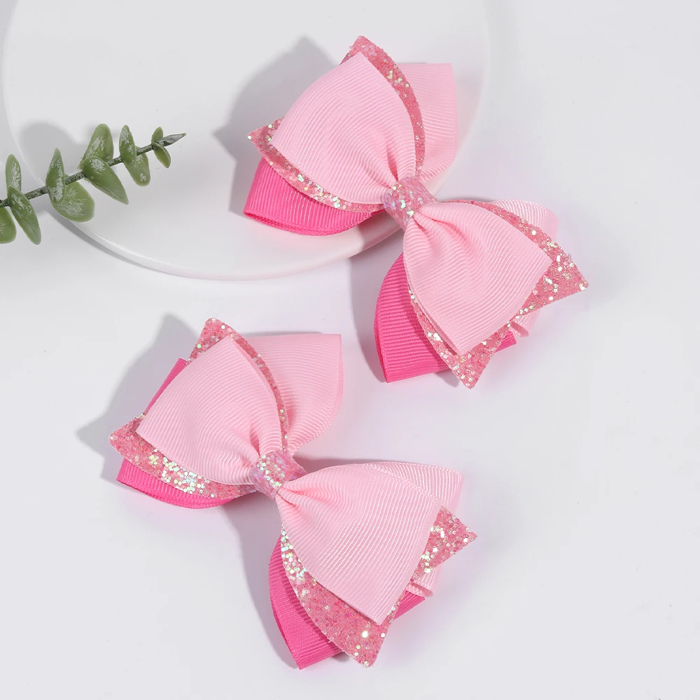 2pcs Sparkling Pink Glitter Bow Hair Clips For Girls Cute Ribbon Bow Hairpins Ideal For Gifts & Casual Attire Hair Accessories