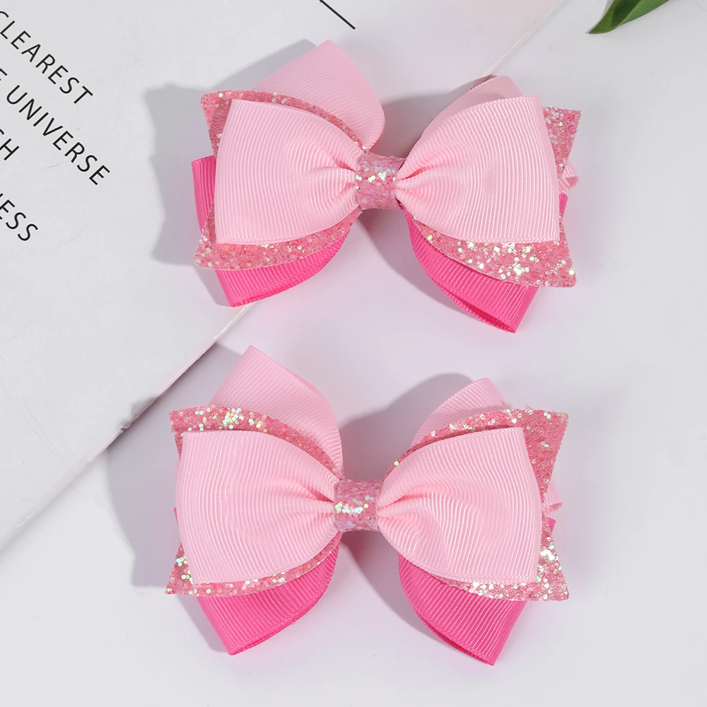 2pcs Sparkling Pink Glitter Bow Hair Clips For Girls Cute Ribbon Bow Hairpins Ideal For Gifts & Casual Attire Hair Accessories