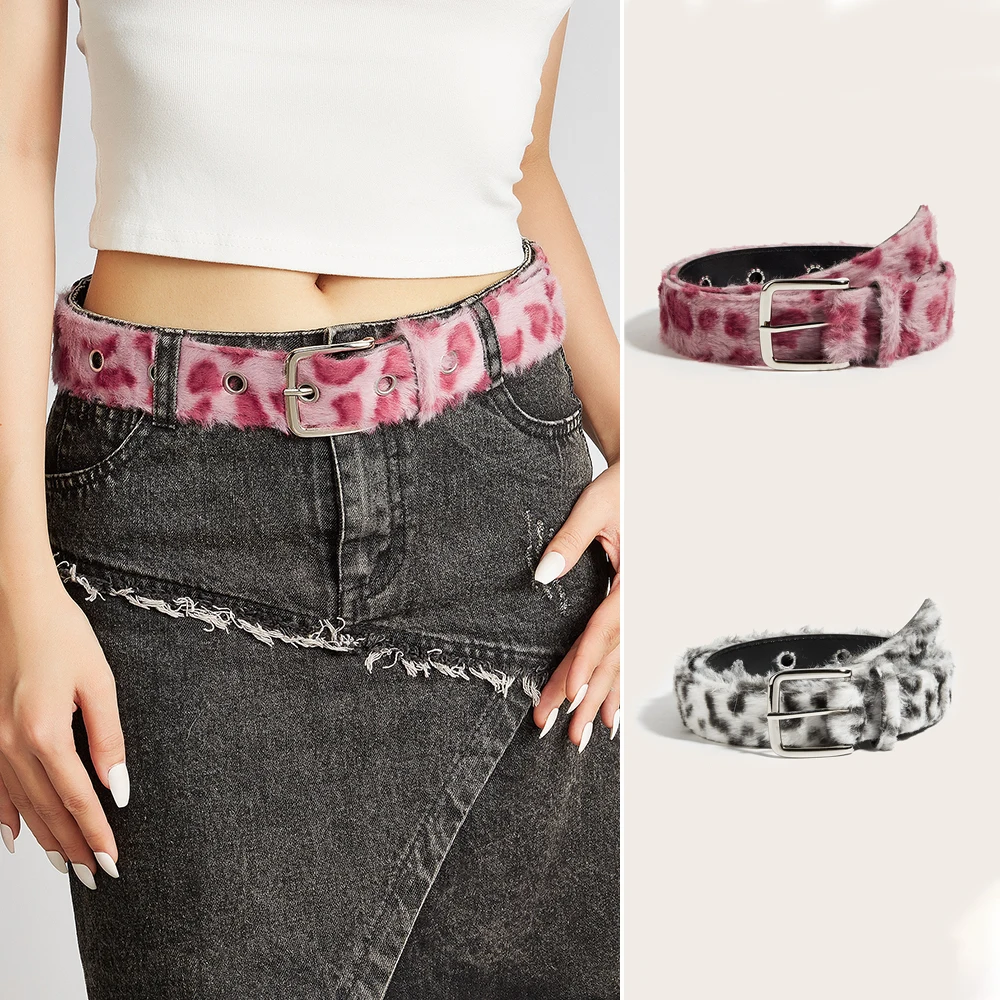Versatile Jeans Belt Y2k-Inspired Plush Leopard Print Belt Female Pu Pin Buckle Belt Girls Girdle Accessory For Formal