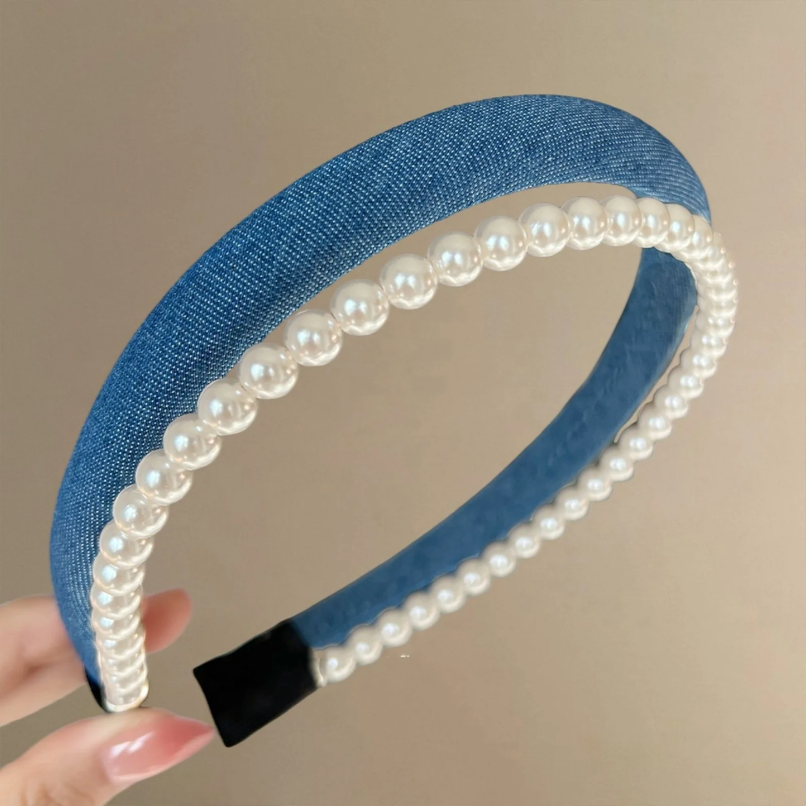 1 Pc Retro Denim Double-Layer Pearl Headband for Women New Style, Luxe, Stylish Chic, Suitable for Updos, Ideal for Autumn Winte