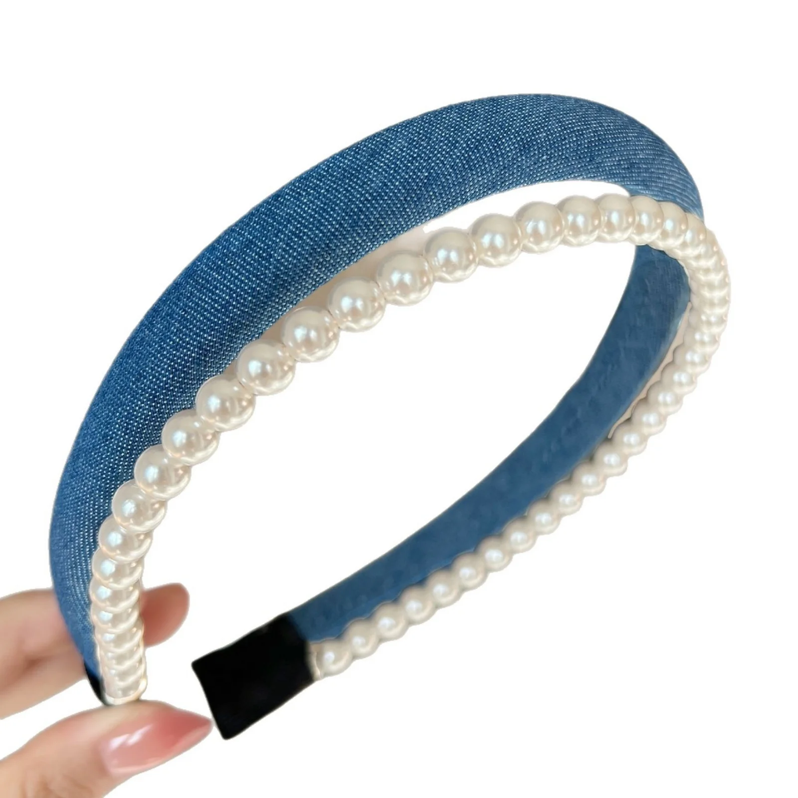 1 Pc Retro Denim Double-Layer Pearl Headband for Women New Style, Luxe, Stylish Chic, Suitable for Updos, Ideal for Autumn Winte