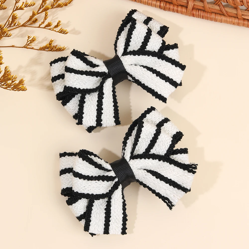 2Pcs Color-Blocked Bow Hair Clips For Girls Elegant Double-layer Black&White Hair Accessories For Girls Soft Trendy Headwear